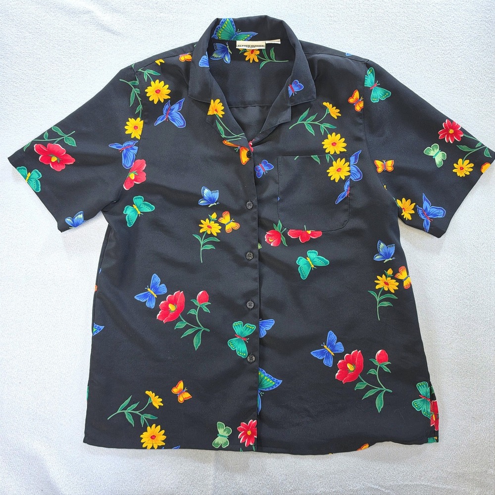 Vintage Alfred Dunner Whimsigoth Butterfly Floral Blouse Top 14P Retro Black